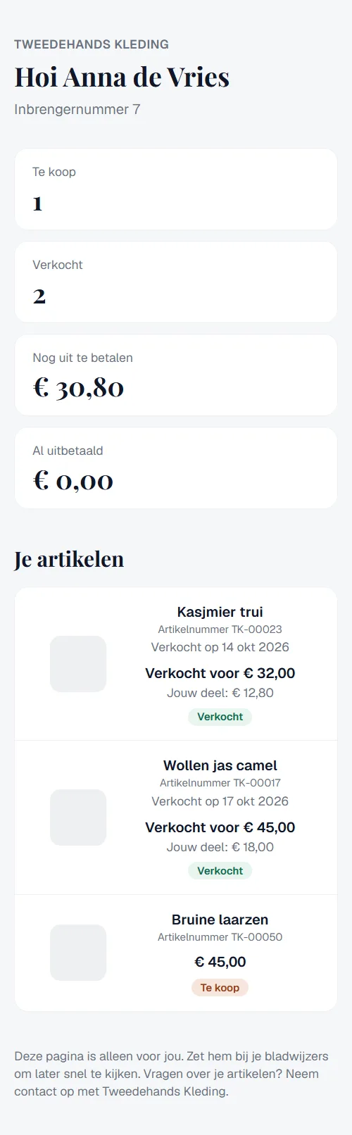 De pagina van een inbrenger op de telefoon, met saldo en artikelen