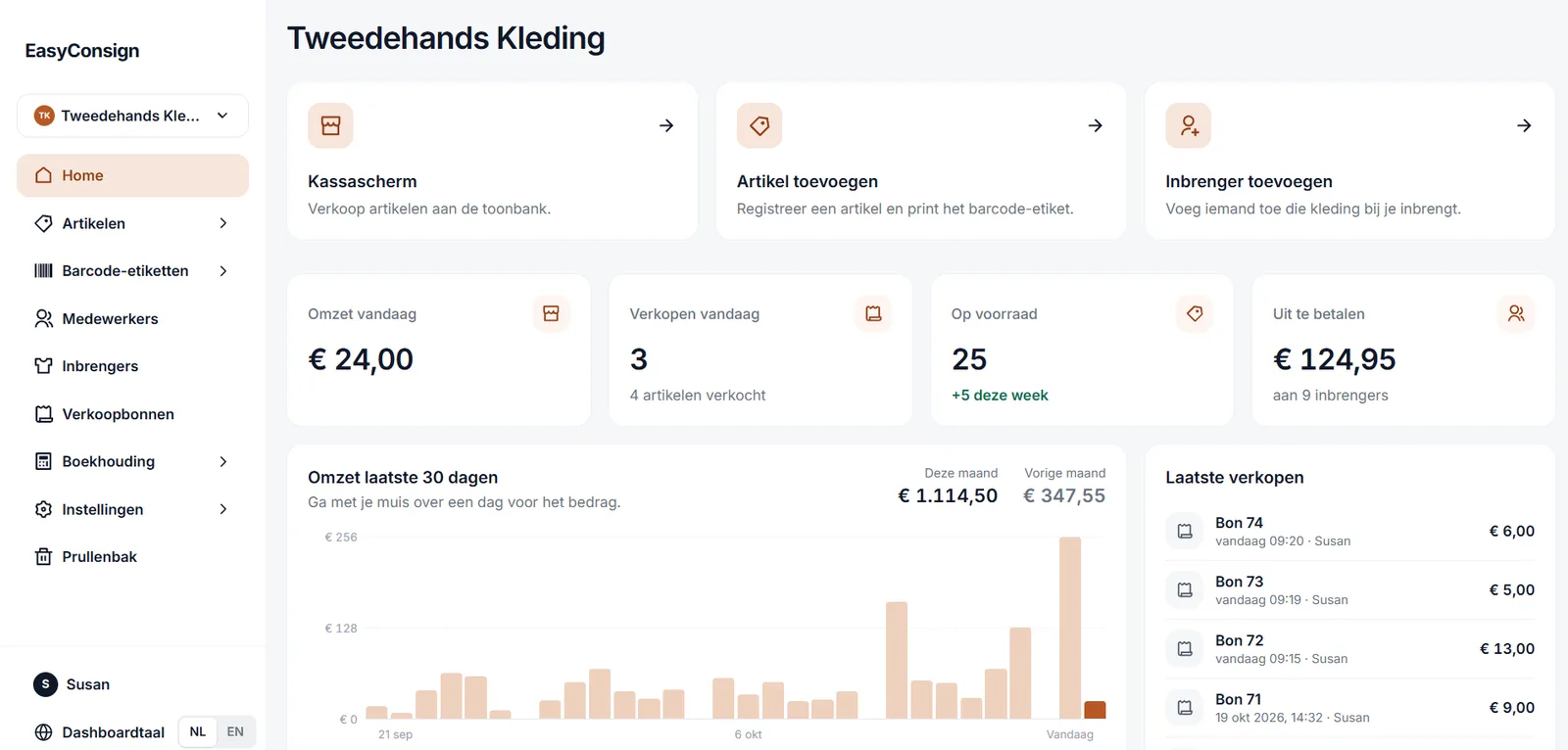 Het dashboard van EasyConsign met de omzet van vandaag, een grafiek van 30 dagen en de laatste verkopen