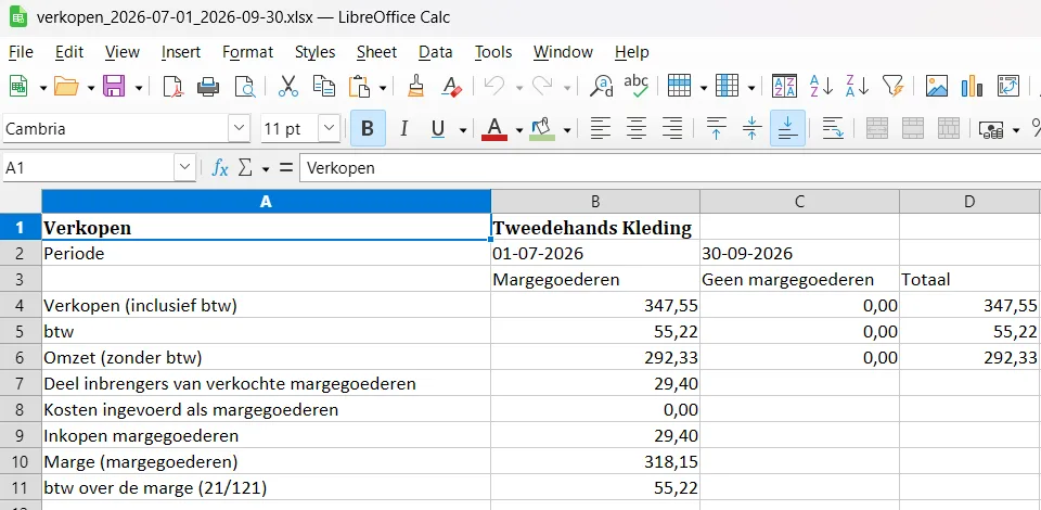 Het Excel-bestand met de verkopen en de btw over de marge